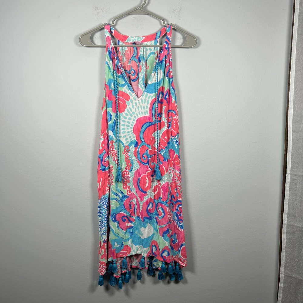 Lilly Pulitzer Roxi Cover Up Dress M Coral Reef I'm So Jelly Tassel Hem Resort